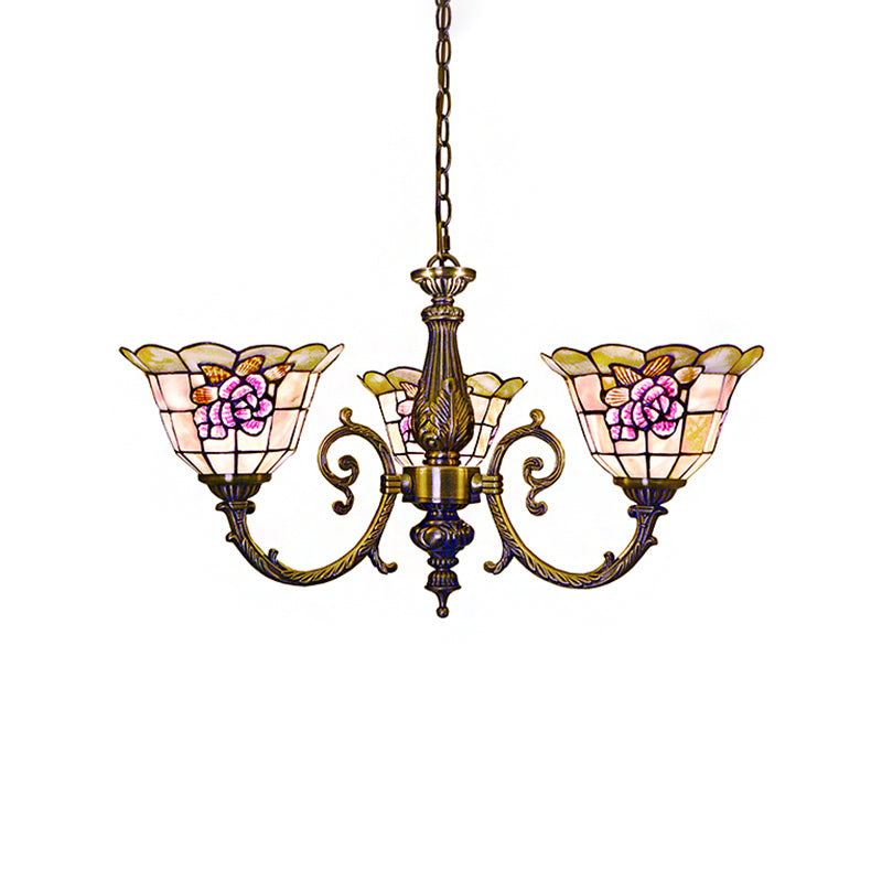 Bell Shape Hanging Lamp Retro Style Stained Glass 3 Heads Flower Chandelier Light with Chain for Bedroom