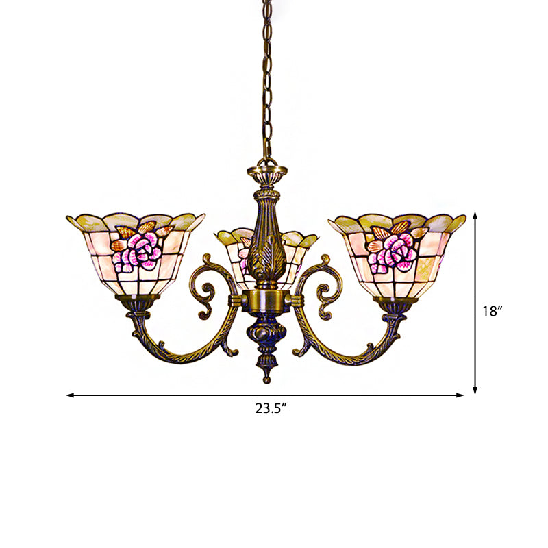 Bell Shape Hanging Lamp Retro Style Stained Glass 3 Heads Flower Chandelier Light with Chain for Bedroom