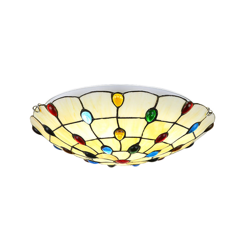 Beige/Yellow Bowl Flush Mount Light Rustic Loft Stained Glass 12"/16"/19.5" W Bedroom Flush Ceiling Light with Jewel Decoration