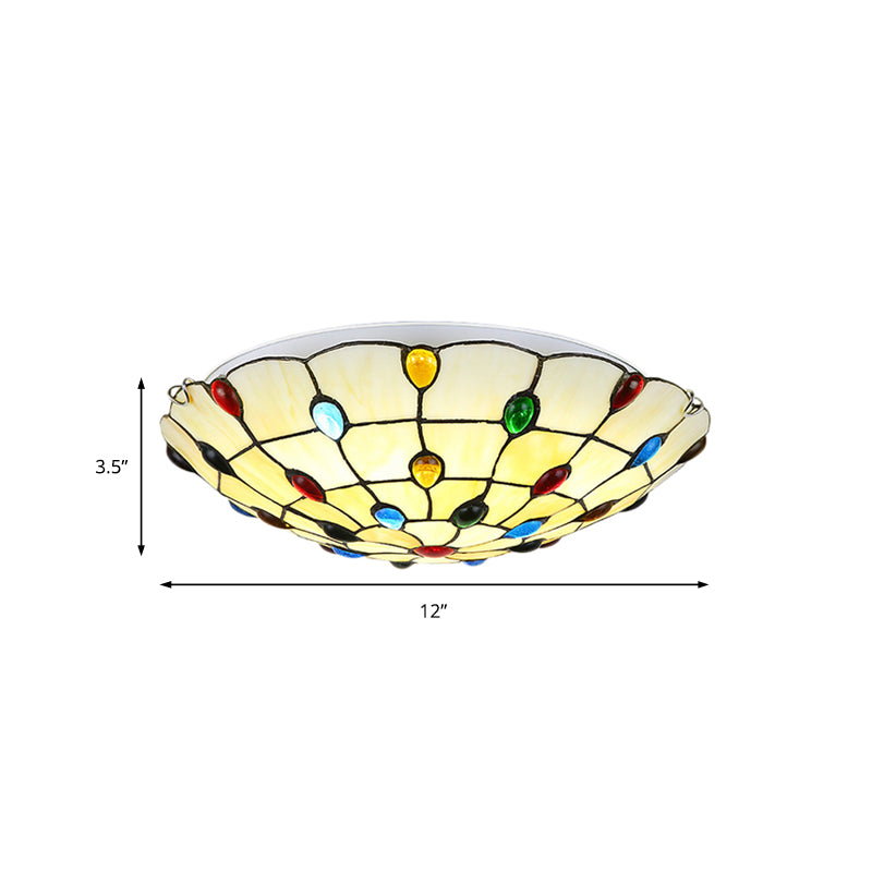 Beige/Yellow Bowl Flush Mount Light Rustic Loft Stained Glass 12"/16"/19.5" W Bedroom Flush Ceiling Light with Jewel Decoration