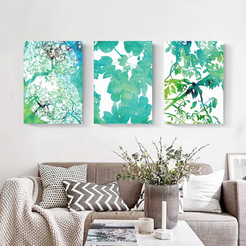 Contemporary Canvas Print Green Botanical Leaves Painting, Set of 3, Multiple Sizes