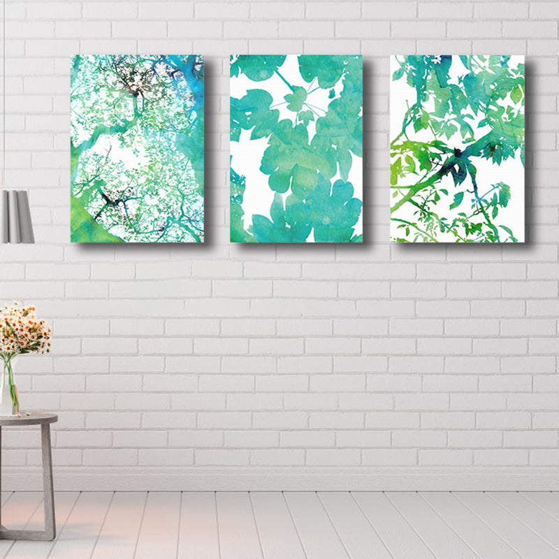 Contemporary Canvas Print Green Botanical Leaves Painting, Set of 3, Multiple Sizes