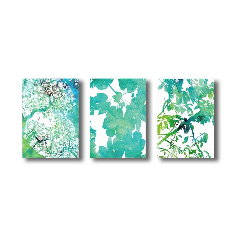 Contemporary Canvas Print Green Botanical Leaves Painting, Set of 3, Multiple Sizes