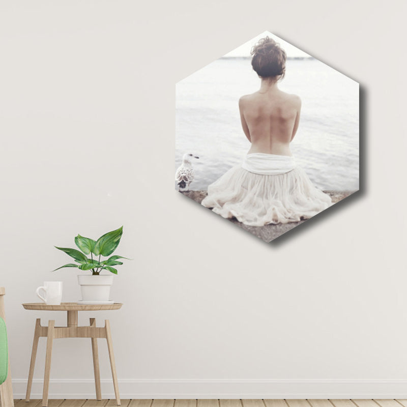 Illustrated Modern Style Canvas Print with Half-Naked Girl in White for Room Hallway