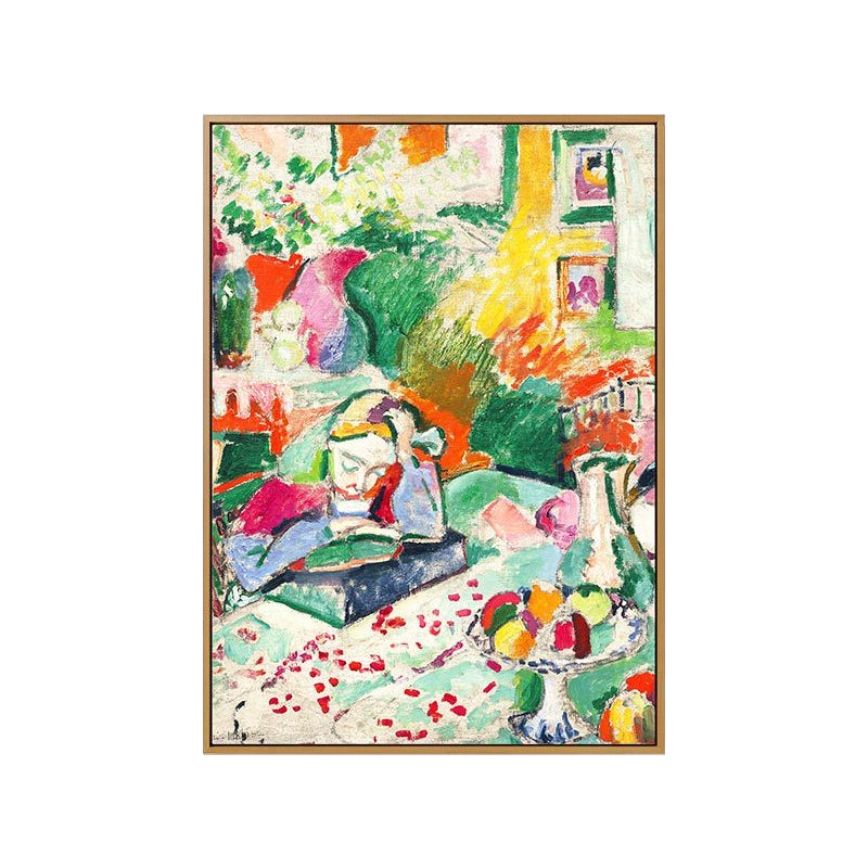 Girl Reading Book Painting Green Modernism Canvas Wall Art for Bedroom, Textured