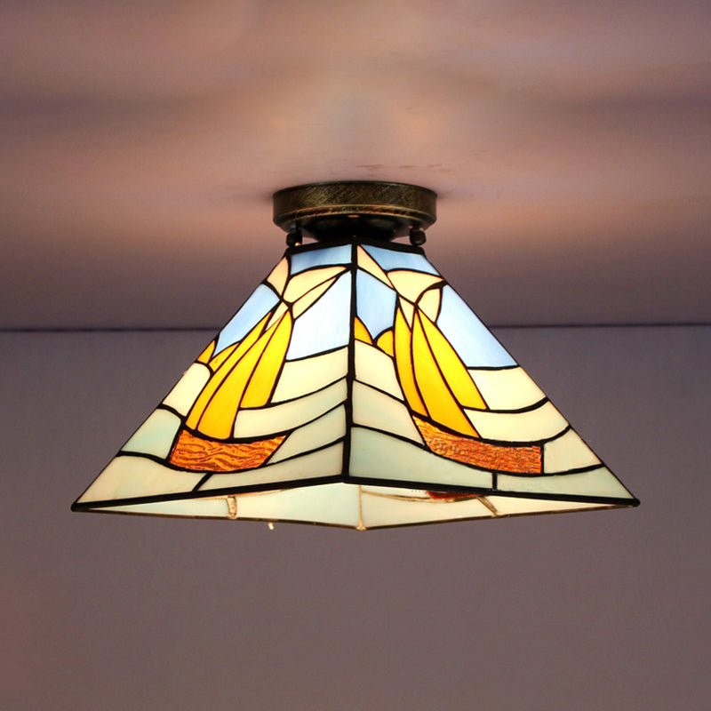 Tiffany Style Flush Light Fixture Nautical Stained Glass 1 Light Ceiling Flush Mount in Clear/White/Orange/Pink/Blue for Hallway