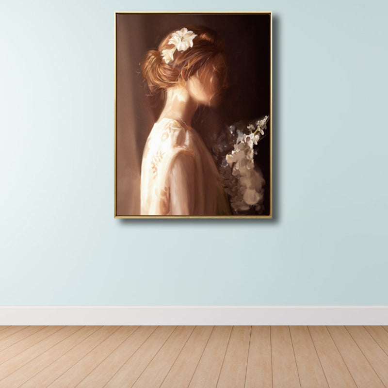 Light Brown Retro Canvas Painting Print Woman in White Wall Art Decor for Girls Room