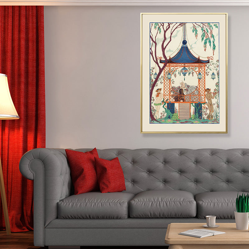 Asian Painting Print Pavilion Canvas Art Pastel Family Room Wall Decor, Textured