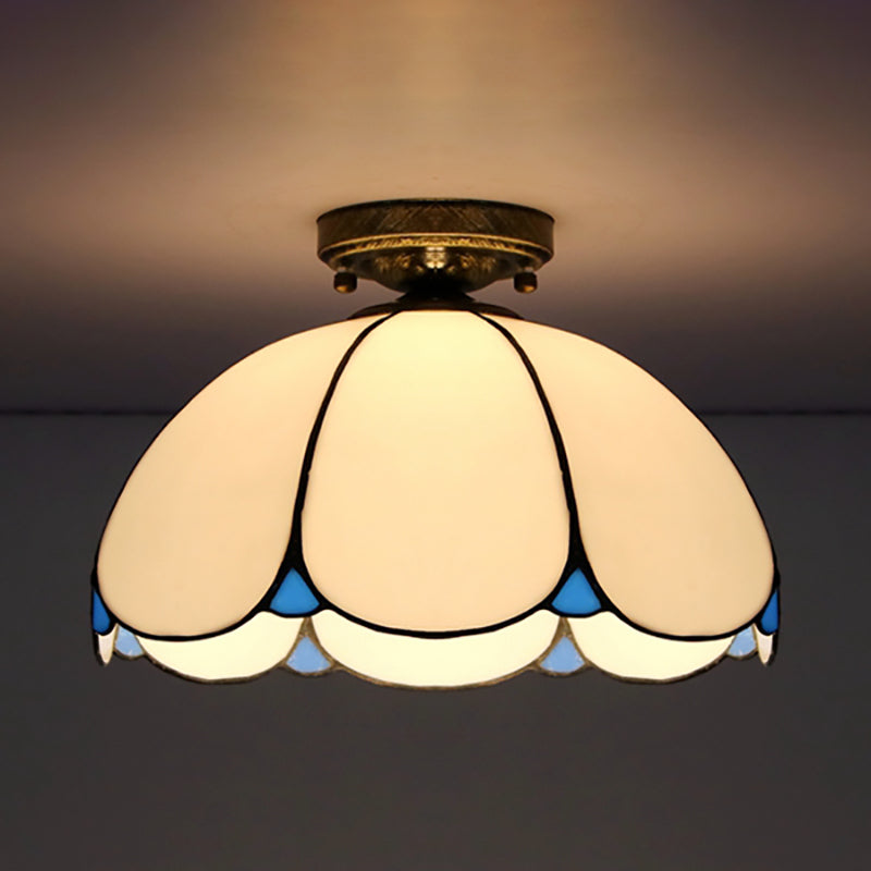 Vintage Scalloped Flush Light Stained Glass 1 Light Flush Mount Light in White/Beige/Blue/Clear/Blue and Clear for Living Room