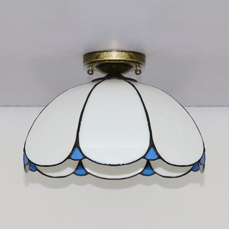 Vintage Scalloped Flush Light Stained Glass 1 Light Flush Mount Light in White/Beige/Blue/Clear/Blue and Clear for Living Room