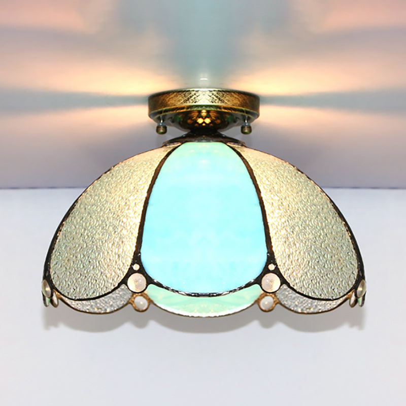 Vintage Scalloped Flush Light Stained Glass 1 Light Flush Mount Light in White/Beige/Blue/Clear/Blue and Clear for Living Room