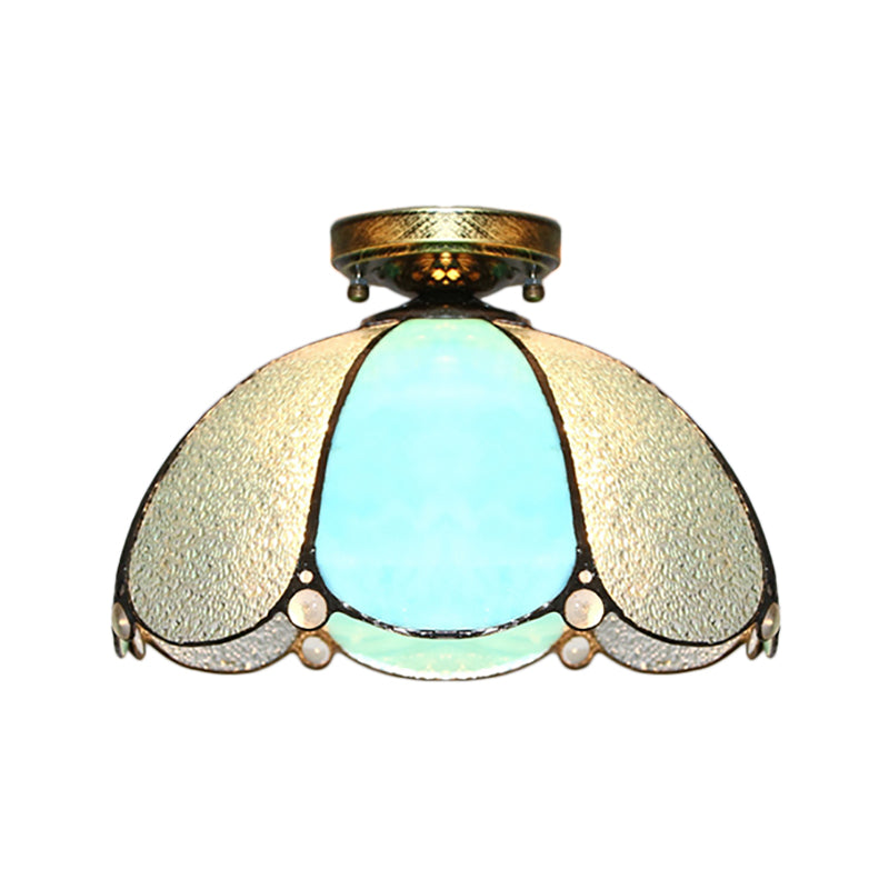 Vintage Scalloped Flush Light Stained Glass 1 Light Flush Mount Light in White/Beige/Blue/Clear/Blue and Clear for Living Room