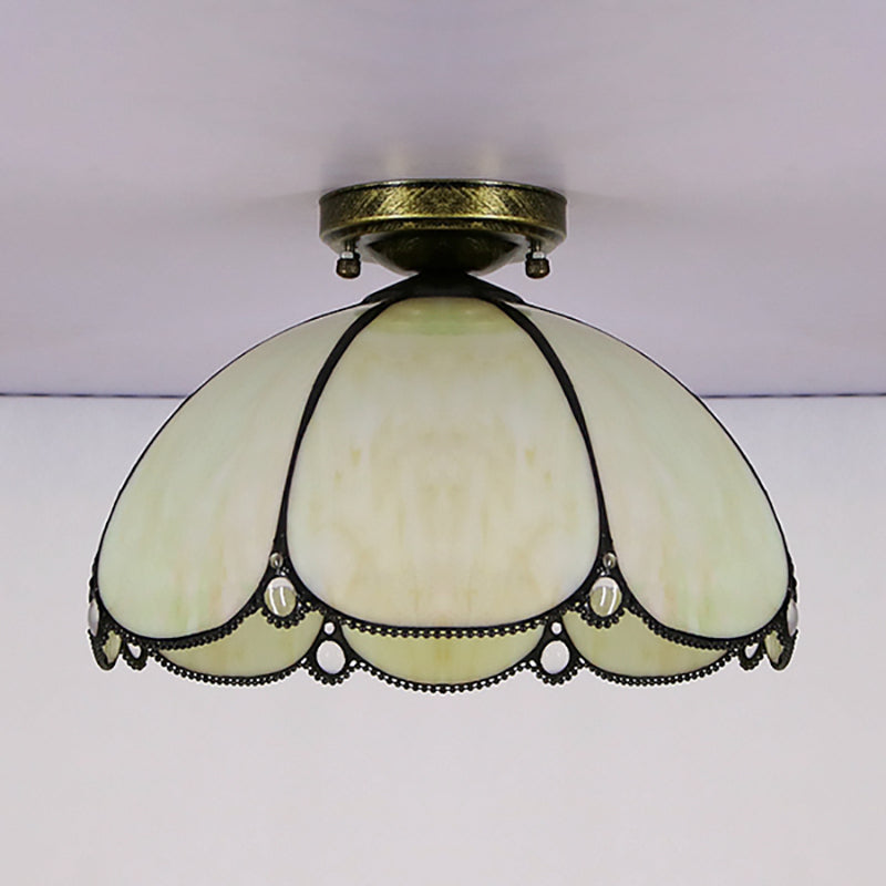 Vintage Scalloped Flush Light Stained Glass 1 Light Flush Mount Light in White/Beige/Blue/Clear/Blue and Clear for Living Room