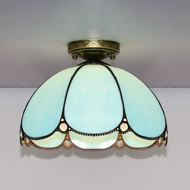 Vintage Scalloped Flush Light Stained Glass 1 Light Flush Mount Light in White/Beige/Blue/Clear/Blue and Clear for Living Room