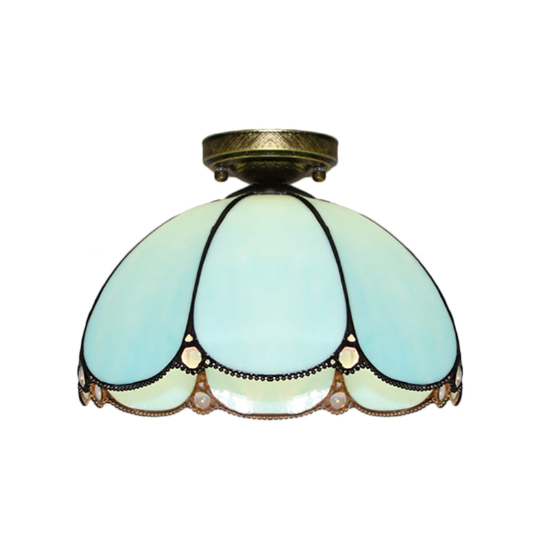 Vintage Scalloped Flush Light Stained Glass 1 Light Flush Mount Light in White/Beige/Blue/Clear/Blue and Clear for Living Room