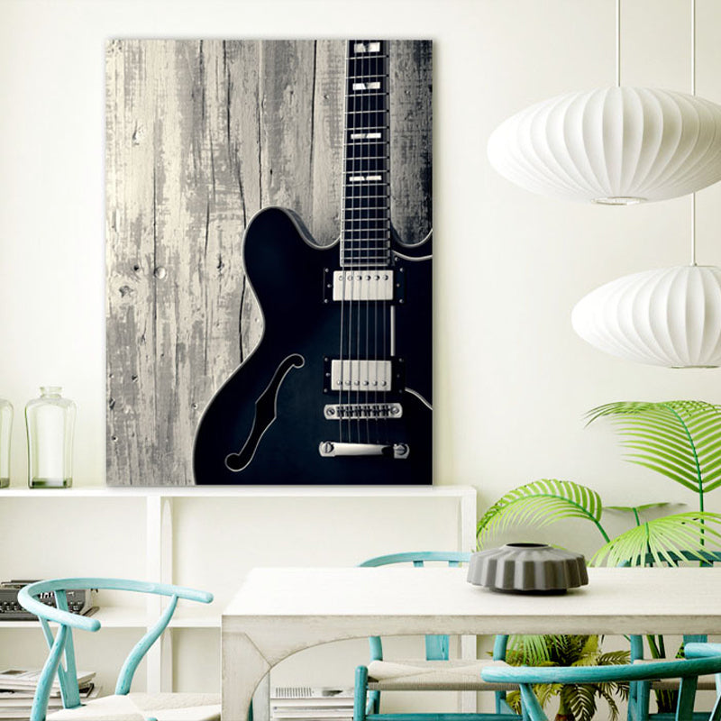 Photo Guitar Canvas Print Modernist Nostalgic Musical Instrument Wall Art in Black