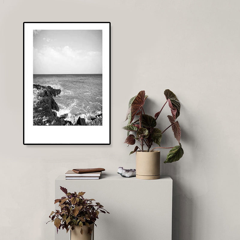 Tropical Rocky Bay Seascape Canvas Print Dark Color Textured Wall Art for Living Room