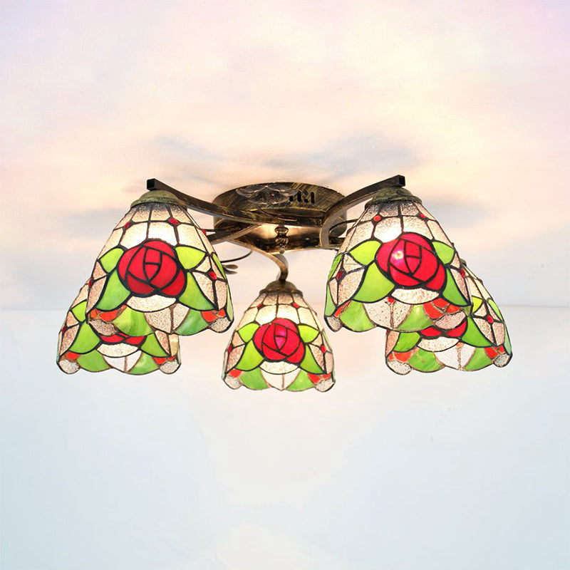 Rose Semi Flushmount Lodge Style Stained Glass 5 Heads Living Room Semi Flush Lighting in Clear/White