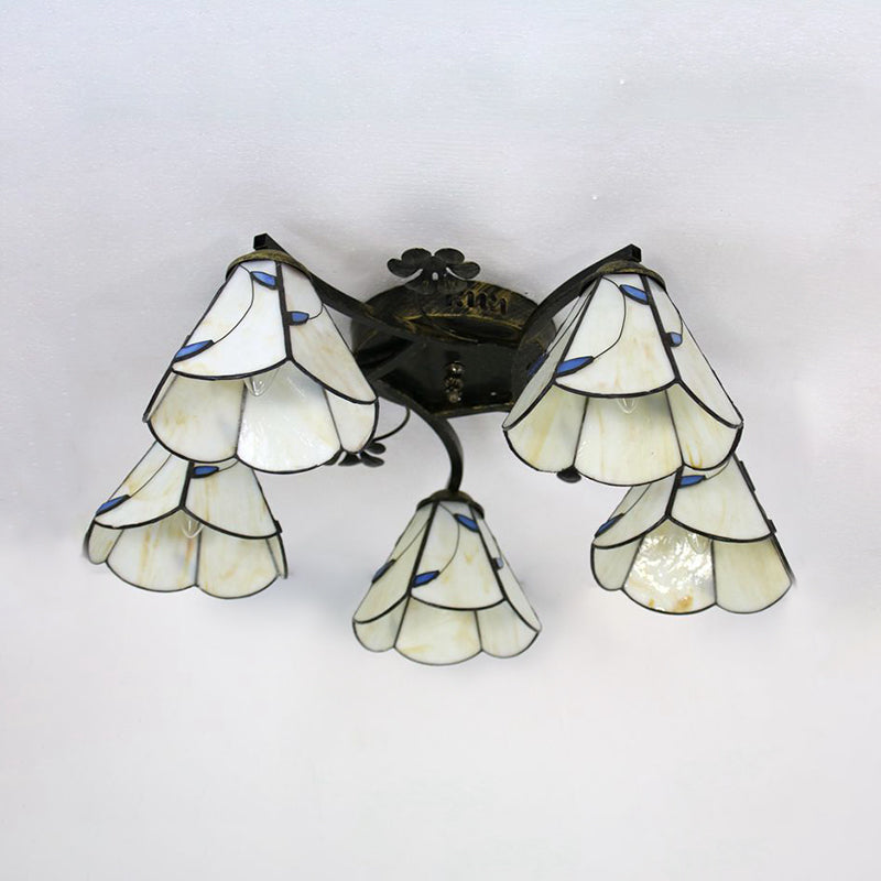 Clear/Blue/Beige Lodge Semi Flush Light with Cone Shade Stained Glass 5 Lights Semi Flushmount for Stairway