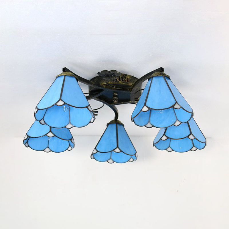 Clear/Blue/Beige Lodge Semi Flush Light with Cone Shade Stained Glass 5 Lights Semi Flushmount for Stairway