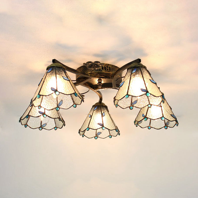 Clear/Blue/Beige Lodge Semi Flush Light with Cone Shade Stained Glass 5 Lights Semi Flushmount for Stairway