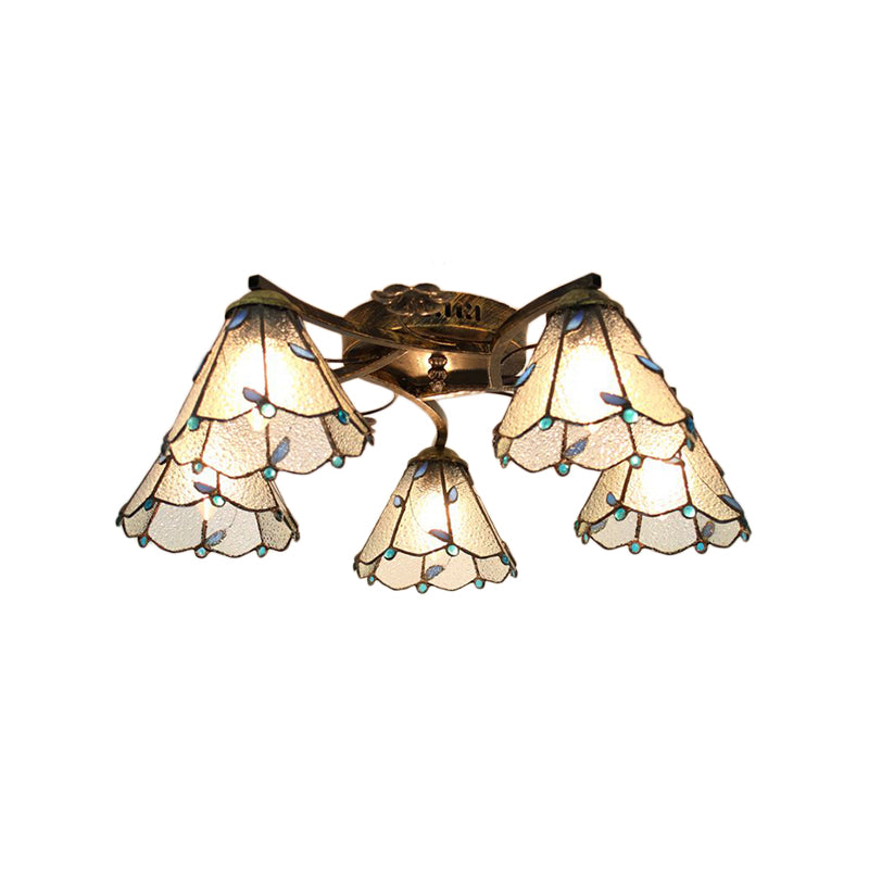 Clear/Blue/Beige Lodge Semi Flush Light with Cone Shade Stained Glass 5 Lights Semi Flushmount for Stairway