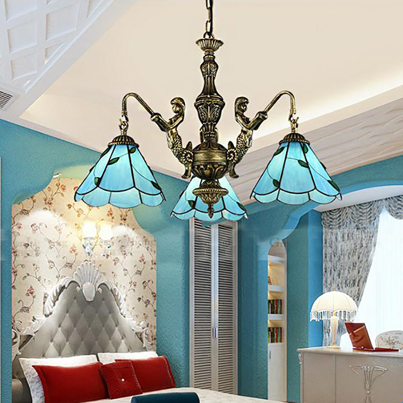 3/5 Lights Chandelier Lighting Tiffany Conical Stained Glass Hanging Ceiling Light in Blue with Mermaid Design