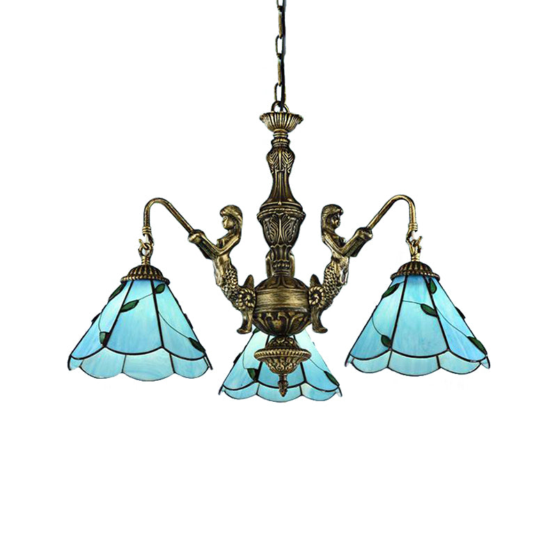 3/5 Lights Chandelier Lighting Tiffany Conical Stained Glass Hanging Ceiling Light in Blue with Mermaid Design