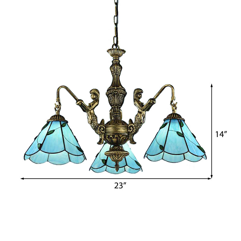 3/5 Lights Chandelier Lighting Tiffany Conical Stained Glass Hanging Ceiling Light in Blue with Mermaid Design