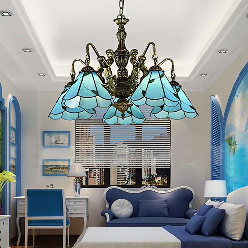 3/5 Lights Chandelier Lighting Tiffany Conical Stained Glass Hanging Ceiling Light in Blue with Mermaid Design