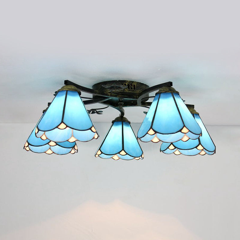 Blue Glass Cone Ceiling Light Tiffany Style 5/3 Lights Semi Flush Light with Flower for Living Room