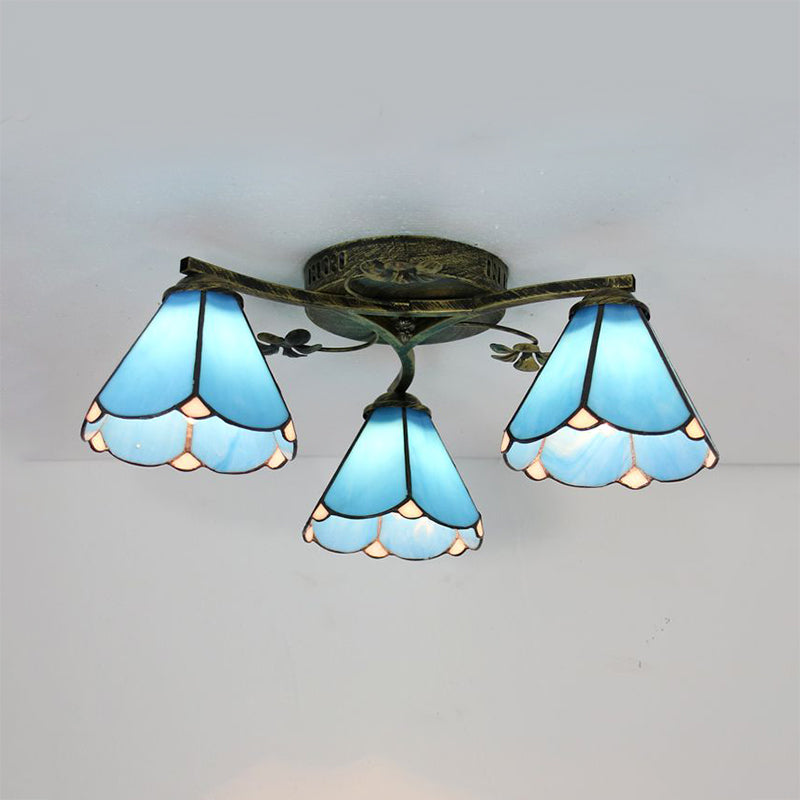 Blue Glass Cone Ceiling Light Tiffany Style 5/3 Lights Semi Flush Light with Flower for Living Room