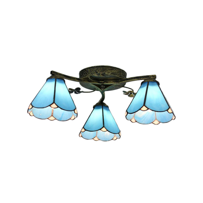 Blue Glass Cone Ceiling Light Tiffany Style 5/3 Lights Semi Flush Light with Flower for Living Room