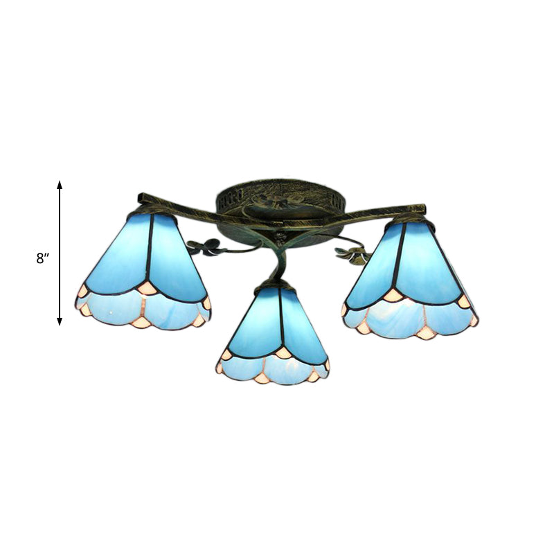 Blue Glass Cone Ceiling Light Tiffany Style 5/3 Lights Semi Flush Light with Flower for Living Room