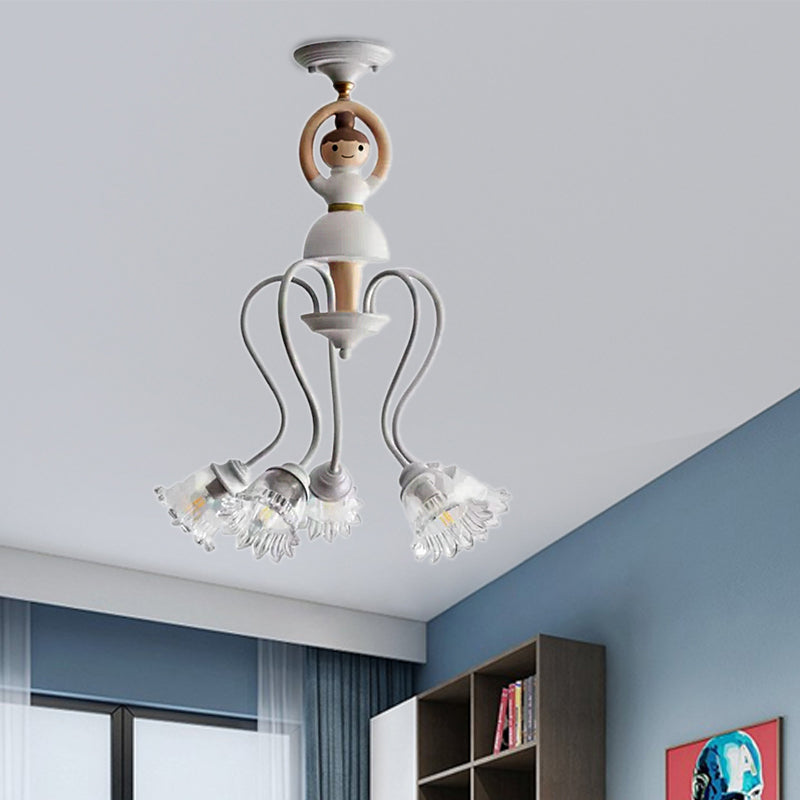 Resin Ballet Pendant Light with Flower Shade 5 Lights Creative Chandelier in White for Kindergarten