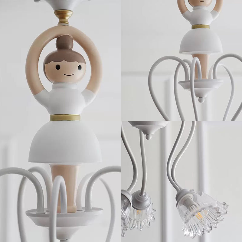 Luz de colgante de ballet de resina con sombra de flores 5 luces Candelera creativa en blanco para jardín de infantes