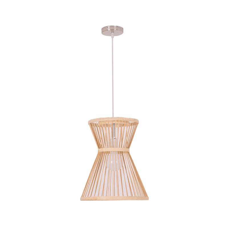 Hourglass Shaped Pendant Lamp Asian Style Bamboo 1 Bulb Beige Suspension Light for Foyer