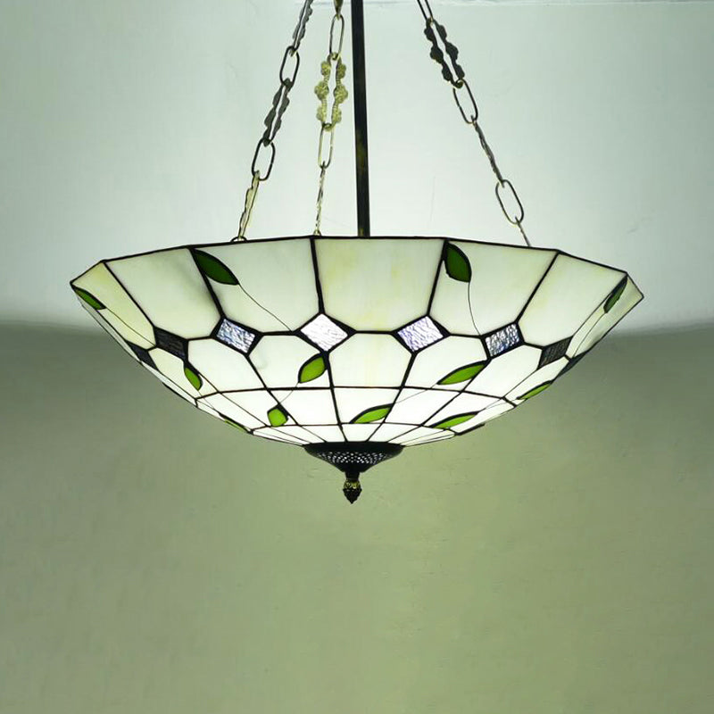 12"/16"/19.5" W Bowl Shade Ceiling Pendant Retro Style Stained Glass Chandelier with Leaf Pattern in Beige for Dining Room