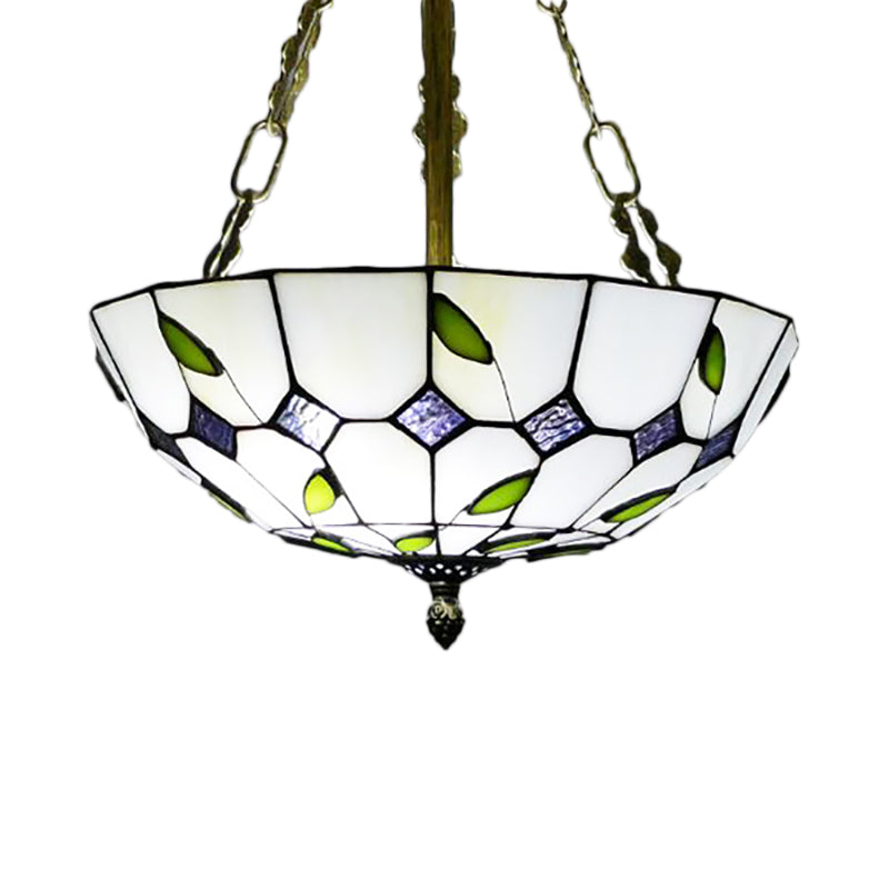 12"/16"/19.5" W Bowl Shade Ceiling Pendant Retro Style Stained Glass Chandelier with Leaf Pattern in Beige for Dining Room