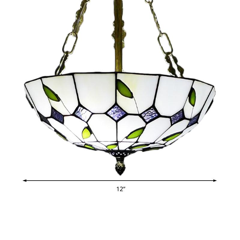 12"/16"/19.5" W Bowl Shade Ceiling Pendant Retro Style Stained Glass Chandelier with Leaf Pattern in Beige for Dining Room