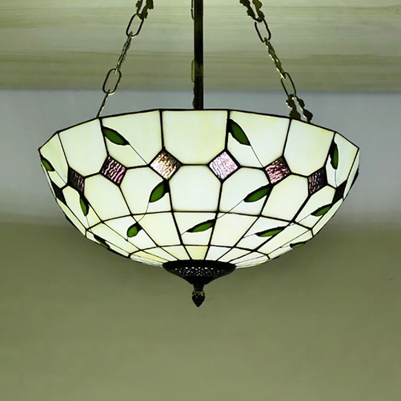 12"/16"/19.5" W Bowl Shade Ceiling Pendant Retro Style Stained Glass Chandelier with Leaf Pattern in Beige for Dining Room