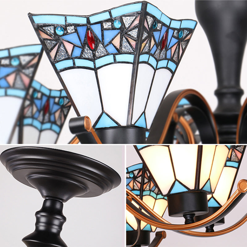 6 lumières géométriques suspendues légères Tiffany Style Tache-vitrail Chandelier inversé pour salle à manger