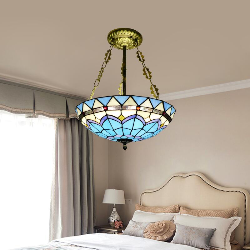 Blue Bowl Ceiling Fixture Retro Style Stained Glass Semi Flush Ceiling Fixture for Coffee Shop