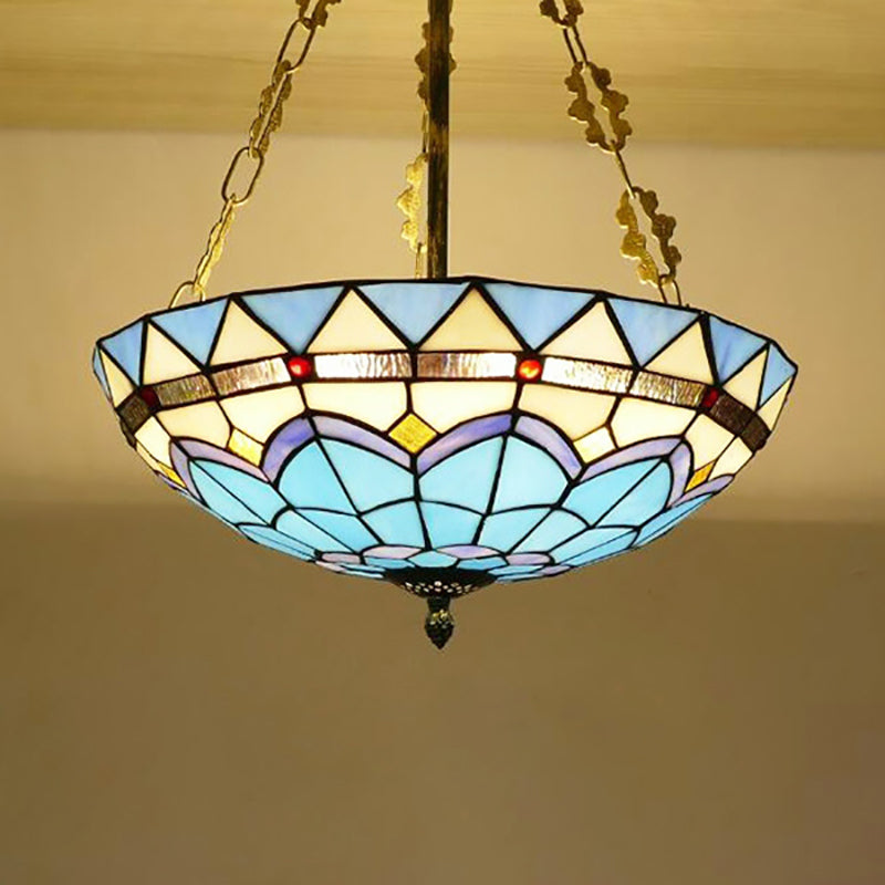 Blue Bowl Ceiling Fixture Retro Style Stained Glass Semi Flush Ceiling Fixture for Coffee Shop