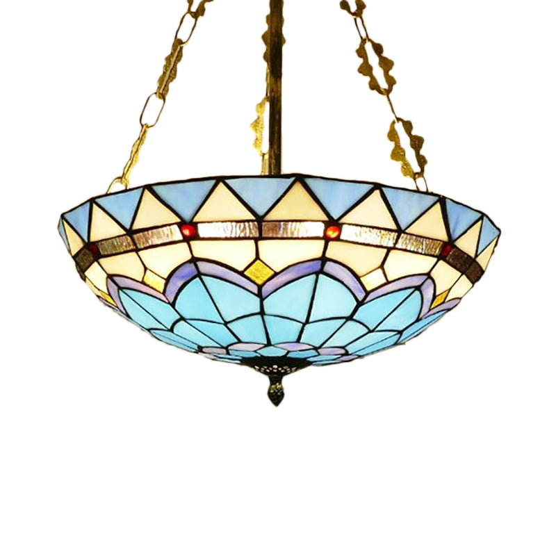 Blue Bowl Ceiling Fixture Retro Style Stained Glass Semi Flush Ceiling Fixture for Coffee Shop