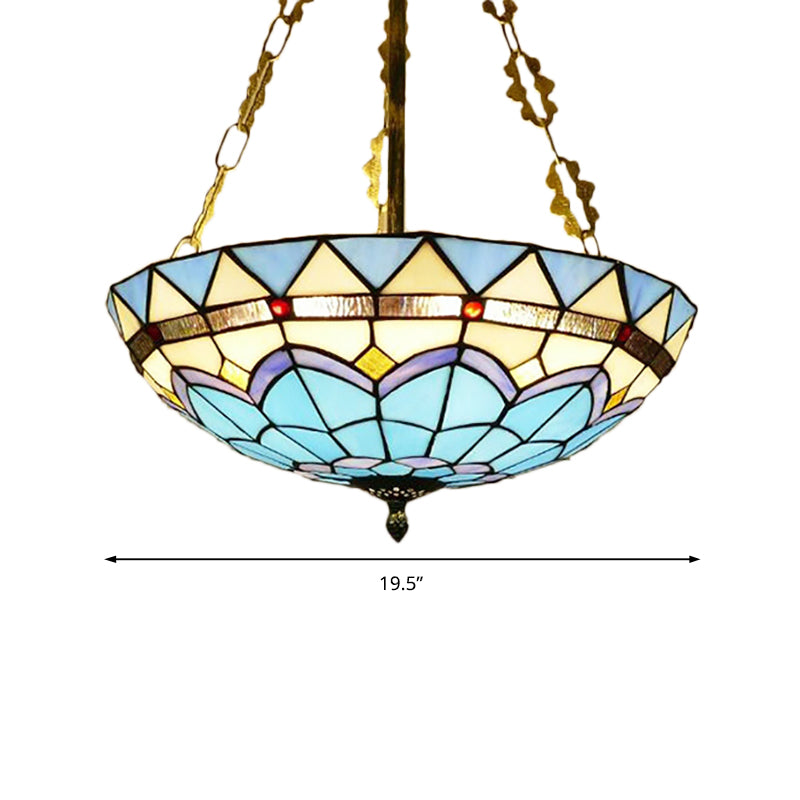 Blue Bowl Ceiling Fixture Retro Style Stained Glass Semi Flush Ceiling Fixture for Coffee Shop