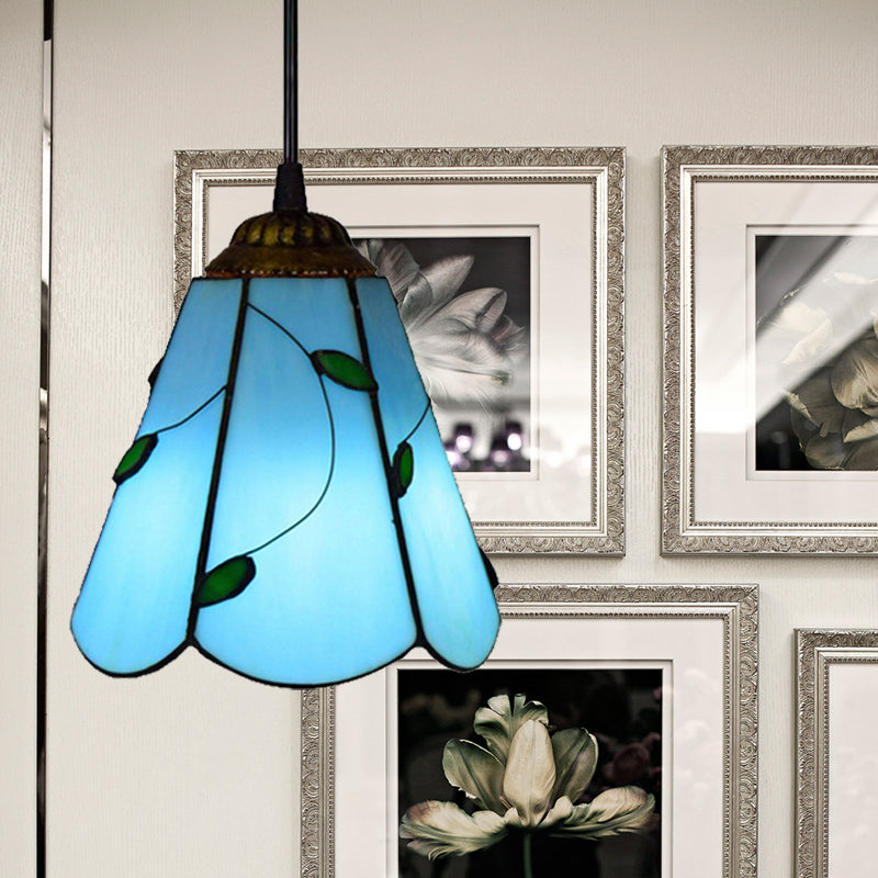 Gebrandschilderd glas conische hangende lamp tiffany 1 bol blauw/beige naar beneden mini hanger voor woonkamer