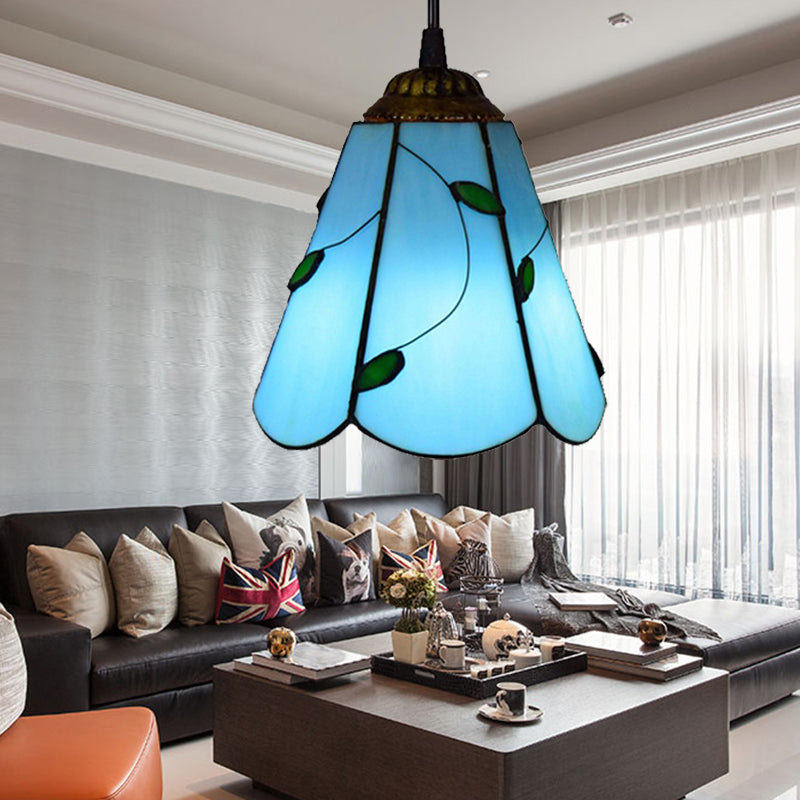 Gebrandschilderd glas conische hangende lamp tiffany 1 bol blauw/beige naar beneden mini hanger voor woonkamer
