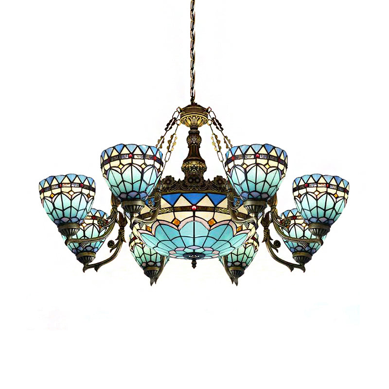 Vintage Domed Hanging Lamp Stained Glass 9 Lights Inverted Chandelier in Blue for Living Room