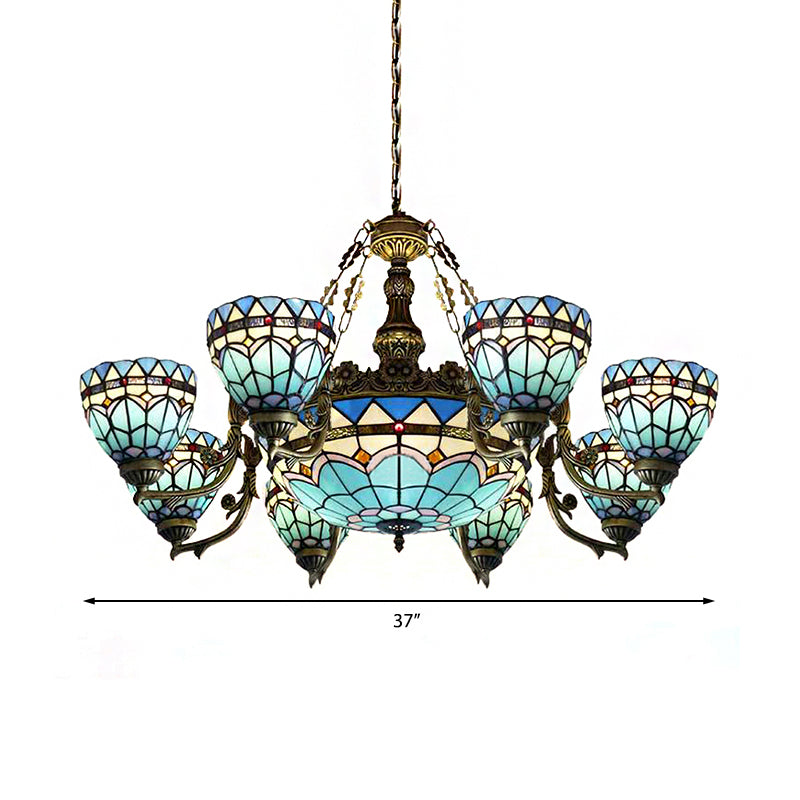 Vintage Domed Hanging Lamp Stained Glass 9 Lights Inverted Chandelier in Blue for Living Room